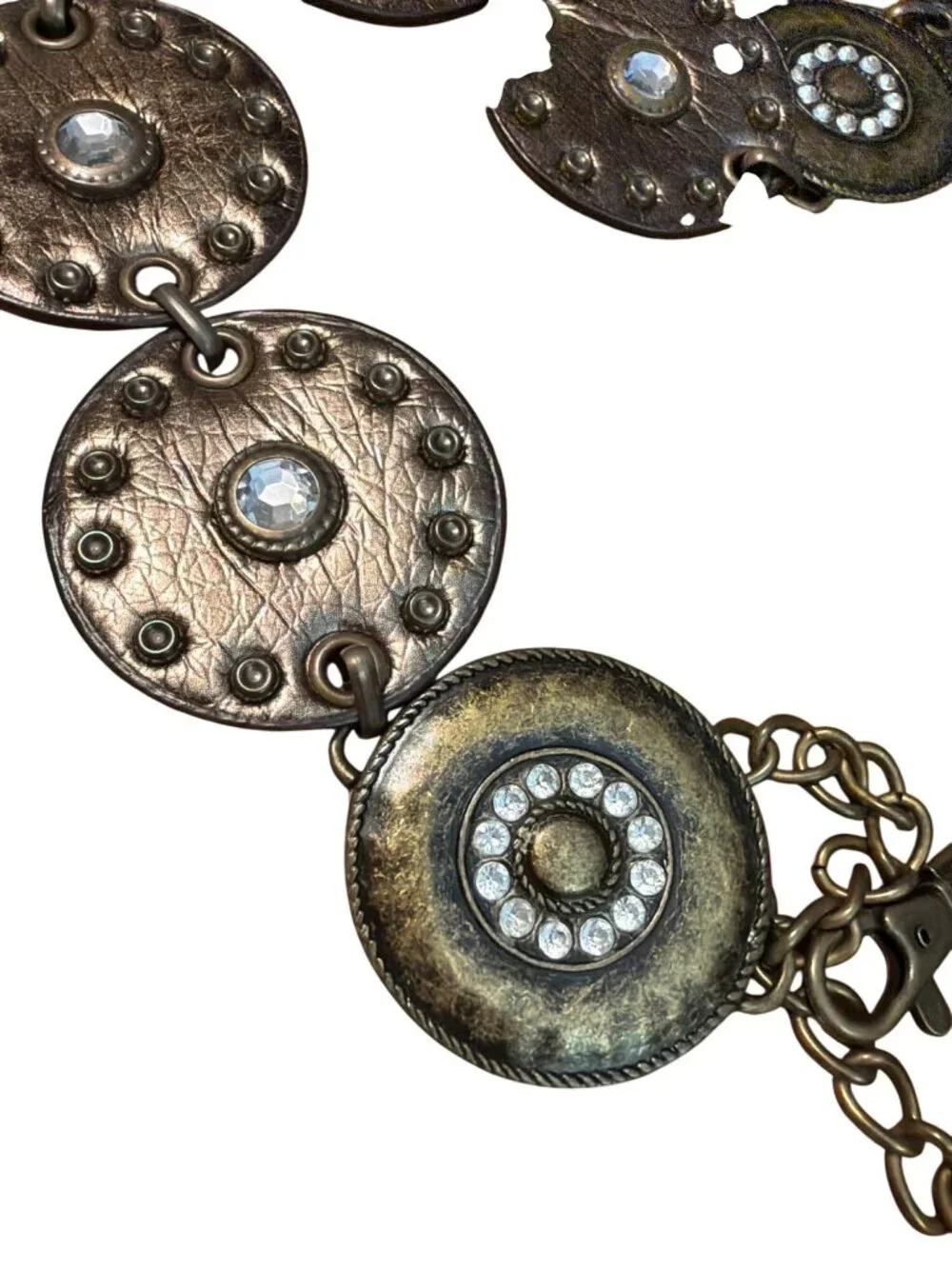 Vtg Navajo Style Metal Leather Disc Belt Rhinestones Chain Western Festival 45